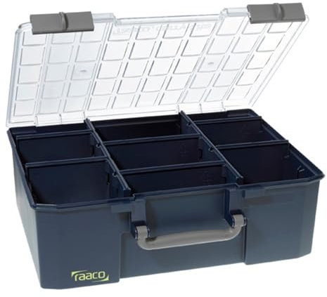 raaco CarryLite 150-9: Leicht Sortierbox für Werkstatt, mit 8 Herausnehmbare Trennwände für Kleinteile, Traglast 20 kg, Sichere Aufbewahrung, Transparenter Deckel, 33 x 41.3 x 14.7 cm