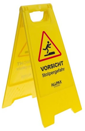 Allpax STOPPO Warnschild „Vorsicht Stolpergefahr“, klappbar, 29,5 x 61 cm, auffälliger Hinweis-Aufsteller mit beidseitigem Aufdruck, Hinweisschild, Gefahrhinweis, gelb