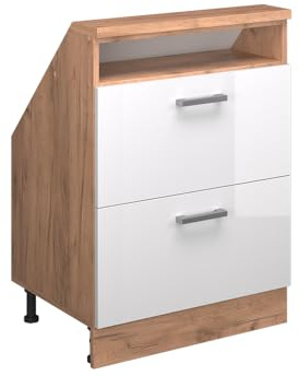 Vicco Dachschrägenschrank Rion, Weiß Hochglanz/Goldkraft Eiche | B60 x T46 cm, mit 2 Schubladen, platzsparend für Dachschrägen