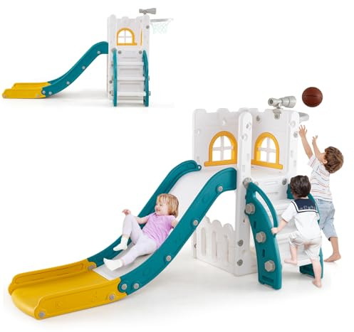 HOMASIS 6 en 1 Toboggan pour Bébé 1 à 3 Ans, Jouets pour Enfants avec Panier de Basket et Télescope, Structure Triangulaire Stable, Panier de Basket pour Garçons et Filles (Jaune+Vert)