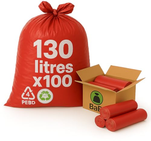 BaBag Sacs Poubelle 130L - Lot de 100 | Couleur Rouge pour Tri Sélectif | Épaisseur 55µ | Résistants aux Déchets Lourds. Hygiène Professionnelle pour Collecte des Déchets
