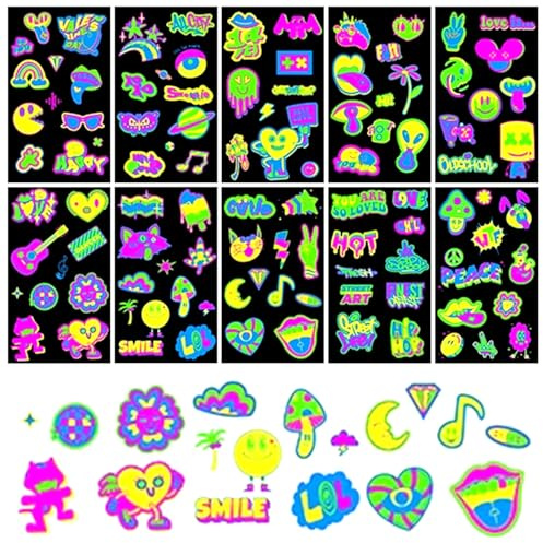 10 Blätter Leucht Tattoo Unter Neon UV Schwarzlicht Fluoreszierend Klebetattoos Leucht Temporäre Tattoos Glow Uv Schwarzlicht Neon Party Für Erwachsene Teenager