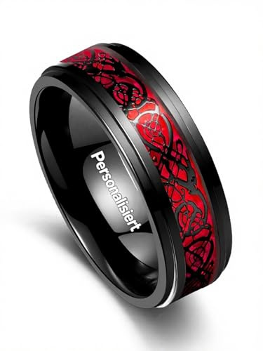 VAKKI Herrenring 8mm Schwarz Wolfram Ring Keltische Drachen-Eheringe mit Opalpapier/Kohlefaser für Männer Größe 49.3(15.7)-74.8(23.8)