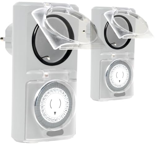 Menz Zeitschaltuhr Aussenbereich, 2 Stück, Weiß | Mechanische Zeitschalter Steckdose außen, IP44 Zeitschalter analog außen, ca. 3,7 kW Outdoor Timer für Steckdose außen