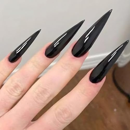 Viugex 24Pcs Long Stiletto Press on Nails, French Black False Nails, Pure Color Acrylic Full Cover Fake Nail, Elegant Glossy Glue on Nail, Natural Reusable Stick on Nails for Women Girls DIY Manicure
