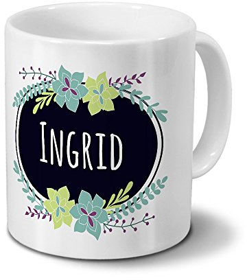 printplanet Tasse mit Namen Ingrid - Motiv Flowers - Namenstasse, Kaffeebecher, Mug, Becher, Kaffeetasse - Farbe Weiß