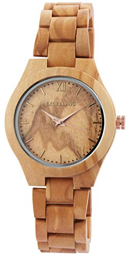 Excellanc Damen - Holzuhr Holzarmband Edelstahl Faltschließe Analog Quarz 1800157