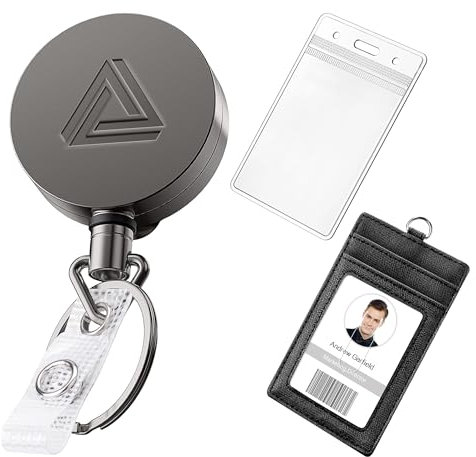 Porta badge retrattile in metallo resistente, con clip per cintura, portachiavi e porta badge. Nero Opaco Confezione da 1