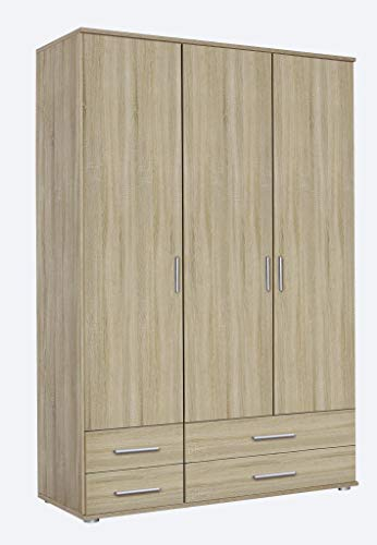 Rauch Möbel Rasant, Schrank Drehtürenschrank inklusive 4 Schubladen, 3-türig, Zubehörpaket Basic 2 Einlegeböden, 1 Kleiderstange, Weiß, 52 x 127 x 188 cm