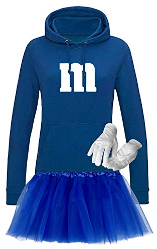 Jimmys Textilfactory Hoodie M&M Karneval Kostüm Set mit Tütü XS-2XL Damen Verkleidung Tütü Gruppenkostüm Partner Familie Fasching, Gr.:L, Farbe:royalblau (+Handschuhe weiss/Tütü royalblau)