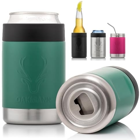 OAKMANN Stainless Steel Beer Cooler With Bottle Opener, Vacuum Insulated Can Cooler 12 oz for Bottles Cans, 4-in-1 Universal Insulator Coozy for Bottles Cans, Best Gifts for Beer Lovers (Green)