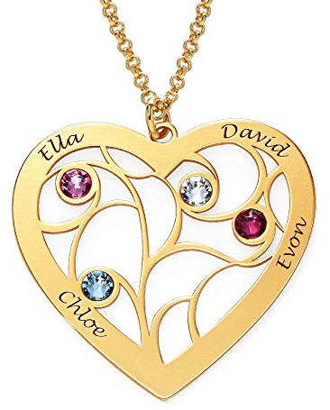 MyNameNecklace MYKA Collier Cœur Arbre de vie avec Pierres de Naissance pour Mamie en Argent 925 ou Plaqué Or - Personnalisé Cadeau De Noël Gravé Nom Sur Mesure Bijoux Cadeau Pour Femme, Elle, Maman