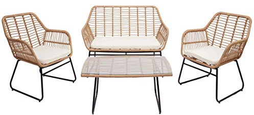 Mendler Polyrattan Garnitur HWC-G17a, Garten Sofa Set Sitzgruppe Stuhl, Seil - naturfarben, Polster Creme ohne Dekokissen
