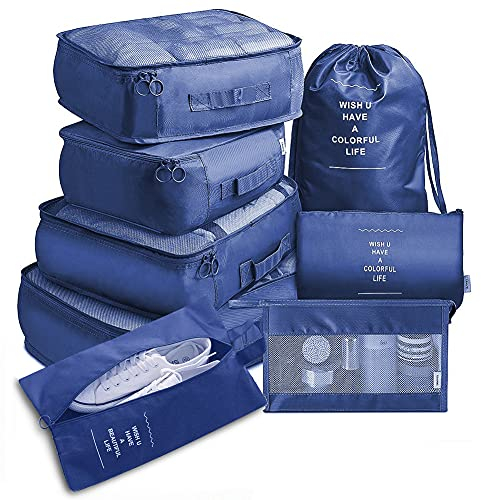 Travel Packing Cubes, Toifucos Multifunction 8pcs/set Luggage Organiser Compression Suitcase Essential Bag, Navy Blue