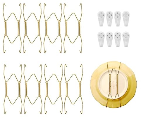 8 Pezzi Ganci Piatti da Parete Decorativo Supporto per Piatti, 8 Pollici Dorato Appendini per Piatti da Parete Invisibili Supporto per Gancio a Molla con 8 Ganci a Parete per Piatti Antichi e Arte