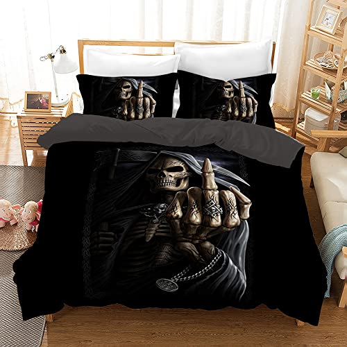 MIQEBX Totenkopf Bettwäsche 135x200cm Halloween Gotisch-Bettbezug Für Teenager,3D Schädel und Rosen Microfaser Bettwäsche Set Mit Reißverschluss Und 2 Kissenbezug 50x75cm