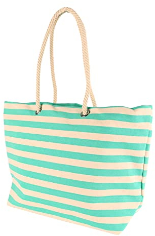Nicola Spring Striped Canvas Tote Beach Bag - Seafoam - 55 x 36cm - Large Reusable Casual Travel Shoulder Shopping Bag Grocery Carry Cloth Bag