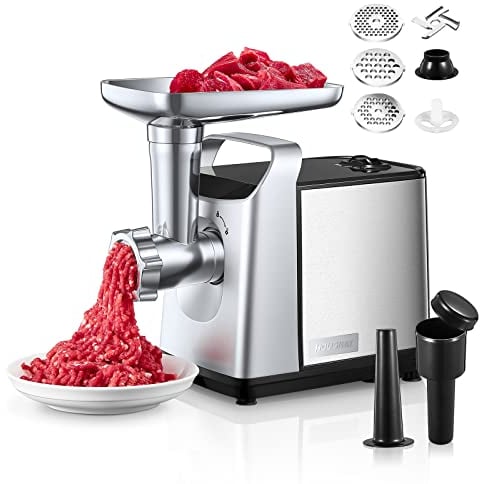 Hachoir à Viande Acier Inoxydable, 1500W Max, 3 en 1 Hachoir à Viande Électrique avec 3 plaques de broyage, Accessoire de Kubbe et de Saucisse, 1.5Kg/Min