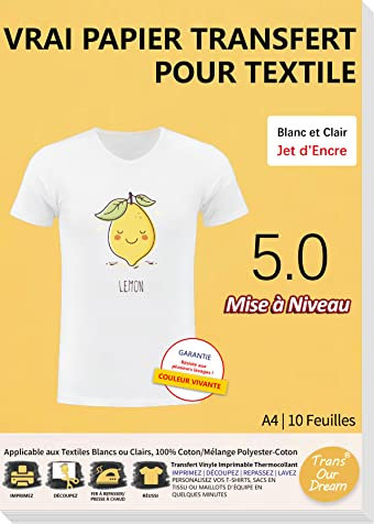TransOurDream Papier Transfert pour Textile 5.0-10 feuilles x A4 Papiers Transferts pour T-Shirts et Textiles blancs ou Clairs, Non Impression Miroir,Thermocollant, Impression Jet d'Encre FR2-5.0-10