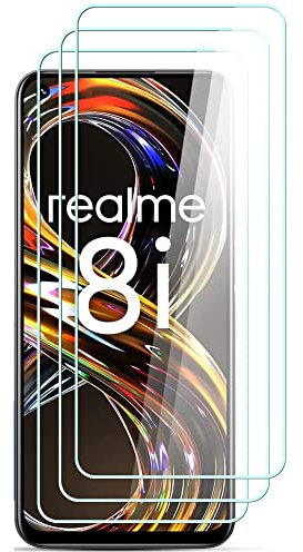 Genérico Pack 3x Protector Pantalla compatible para Realme 8i, Vidrio cristal templado, dureza 9H, sin burbujas, antiarañazos