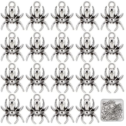 SUNNYCLUE 1 Box 50 Stück Halloween-Spinnen-Anhänger Antik-Silber-Spinnen-Anhänger Legierung Halloween-Nacht-Spinnen-Anhänger Bulk Für Die Schmuckherstellung, Charms, Armbänder, Halsketten, Ohrringe, S