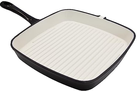 Blackmoor 67589 24cm Black Cast Iron Griddle Pan/Oven Proof to 260°C/Non-Stick Enamel Coating/Easy Grip Handle/Raised Ridges for Searing & Pouring Lip/All Hob Types