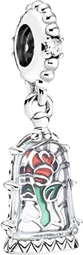 Breloque en argent sterling 925 avec rose enchantée de la Belle et la Bête, compatible avec les breloques Pandora et beaucoup d'autres bracelets à breloques britanniques., Métal