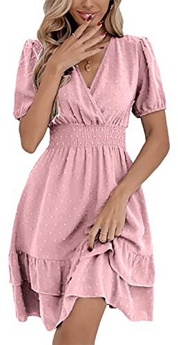 MAFA Vestiti Casual da Donna Estivi Autunno Elegante a Pois Abito a Maniche Lunghe Vestito Scollo V Abiti Corto con Volant e Vita Alta A-rosa S