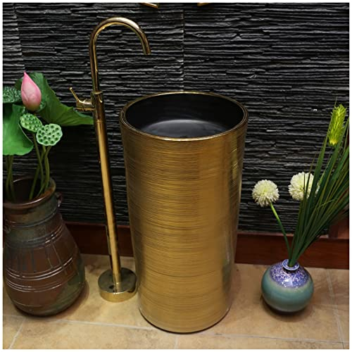 ZTGL Moderner Sockel-Badezimmer 40x40x82 cm Rund Waschbecken aus Keramik, Standwaschtisch, Waschtisch, Design Luxus Standwaschbecken Waschbecken für Gäste Wc,Gold,A + Faucet Set
