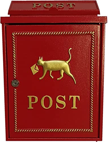 Briefkasten mit dekorativem Schloss für den Außenbereich, Retro, an der Wand befestigter Briefkasten aus Gusseisen, Garten, dekorative Katze (Color : Red)