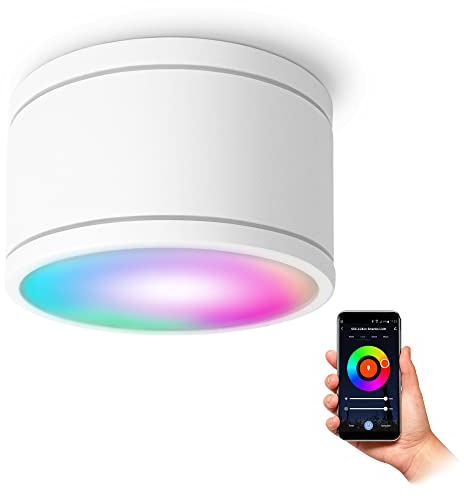 SSC-LUXon CELI-WX Aufbauspot IP44 weiss flach mit LED Birne GX53 kompatibel mit Alexa, Siri & Google - Strahler WLAN Smart LED RGBW