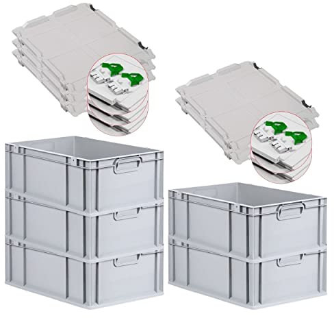 PROREGAL SuperSparSet 5x Eurobox NextGen Grip mit Scharnierdeckel und grünen Schiebeschnappverschlüssen, HxBxT 22x40x60cm, 44 L, Grau, Griffe geschlossen, Eurobehälter, Transportbox