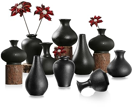 Sziqiqi Kleine Schwarz Keramik vasen - Satz von 10 Mini Handgemachte Keramikvasen für Blumen Pampasgras Moderne Blumenvase Dekoration für Wohnzimmer Küche Büro Küche Tisch