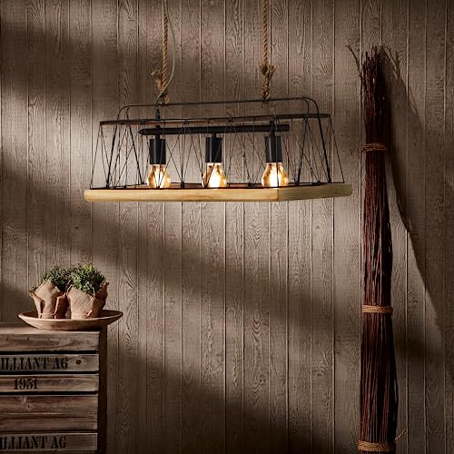 Lightbox 3 flammige Hängelampe - Pendelleuchte im Vintage Stil - für Esszimmer, Wohnzimmer oder Küche - aus Metall/Holz ist aus Schwarz-Pappel - in burned steel/holz - 1,1m Höhe & 59 cm Breite