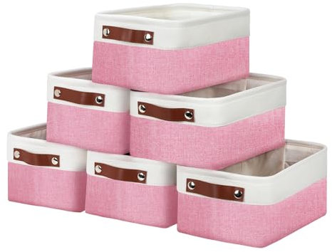 DULLEMELO Lot de 6 petits paniers de rangement rectangulaires en tissu pour étagères, placards, crèche, maison, bureau, petits bacs de rangement rectangulaires en toile et lin (blanc et rose)