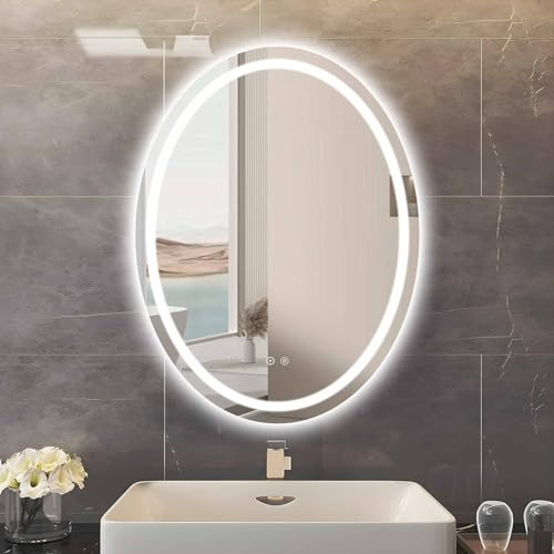 sunrik LED Badspiegel 70x90cm, Ovales Badezimmerspiegel mit Beleuchtung, Badezimmerspiegel mit Beleuchtung mit 3 Lichtfarbe dimmbar, Touch-Schalter, Entnebelung