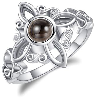 Hexen Knoten Ringe Sterling Silber Hexen Magische Knoten Ringe Mondstein Ich liebe Sie 100 Sprachen Projektion Keltische Ringe Hexe Wicca Pagan Schmuck für Frauen Mädchen (100 Sprachen Stein, 10)