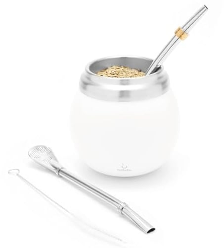 balibetov Calabaza Moderna - Juego Yerba Mate Gourd (Taza Mate) - Doble pared de acero inoxidable 18/8 - Incluye dos bombillas y un cepillo de limpieza (Blanco)