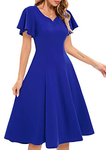 Women's Cocktail Party Evening Dress for Wedding Guest Semi Formal Fit and Flare Elegant Dress for Graduation Casual Modest Homecoming Midi Dresses with Sleeves, Royal Blue L