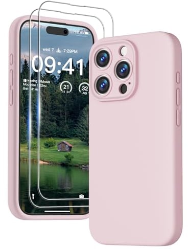 GOODVISH 3 in 1 Case for iPhone 15 Pro Max Case, [2 Screen Protector] Full Body Covered Anti-Scratch 4 Layer Shockproof Structure Soft Microfiber Lining Phone Case 6.7 inch, Sand Pink
