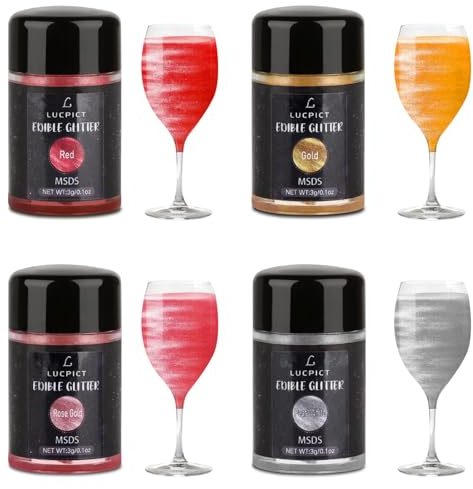 LUCPICT Essbarer Glitzer Set, 4 Farben Lebensmittel Glitzer, Glitzerpulver für Getränke, Cocktails, Wein, Bier, Backen, Erdbeeren, Cupcakes, Kekse, Süßigkeiten, Fondant, Kuchendekoration - 3g