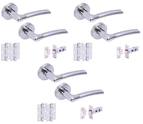 HANDLEZONE® 3 Sets Columba Premium Internal Door Handles on Rose Lever Latch Packs with 75mm Ball Bearing Hinges and 65mm Latches - Dual Polished/Satin Chrome