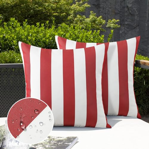 Ohok Wasserdicht Streifen Kissenbezug, 2er Set Dekorativ Outdoor Kissenhülle Deko Sofakissen Couchkissen Zierkissenbezüge für Sofa Wohnzimmer Balkon Garten Auto (Rot, 45x45 cm)
