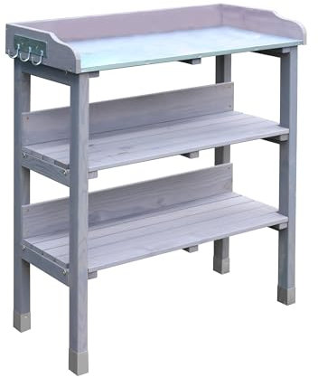 Garden Gear 3-Tier Wooden Potting Table with Galvanised Steel Worktop Outdoor Gardening Work Station with Galvanised Foot Pads 92cm Height