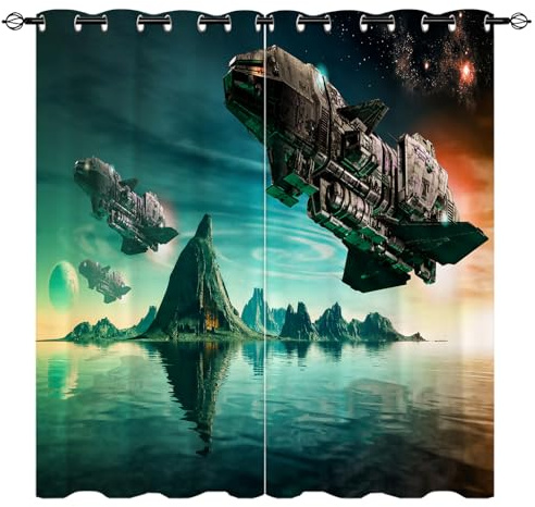 YUANZU Vorhänge Kinder SciFi-Schlacht Raumschiffe Ösen Gardinen mit Blickdichte Vorhang Kälteschutz Blackout Curtain Kinderzimmer Schlafzimmer Verdunkelung Fenster, 2 Stück, H 160 x B 106 cm