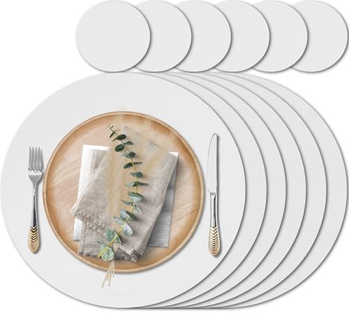 Mahewa® 6er Set Premium Tischset aus Kunstleder - Platzset abwaschbar und wasserdicht - Platzdeckchen Telleruntersetzer in Lederoptik (Weiß, Rund)