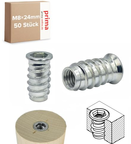 Einschraubmutter M8 x 24 mm – Einschraubmuffen/Eindrehmuffen aus verzinktem Stahl – Innengewinde für Holzbau & Möbelbau (50 Stück)
