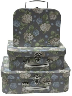 Trendi Set of 3 Decorative Storage Boxes with Lids Paperboard Suitcases, Cardboard Gift Box Memento Case Box Photo Storage Boxes Home Decoration, Vintage Suitcases (Grey Flower)
