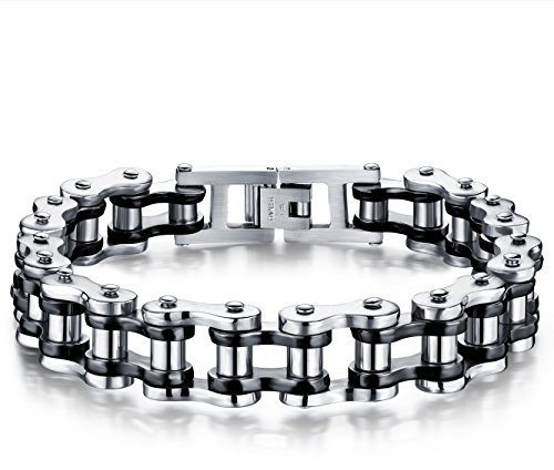 JewelryWe Herren Armband Fahrradkette Motorradkette: Große Schwere Edelstahl Biker Gliederkette Rock Band Armreif Gliederarmband Schwarz Silber