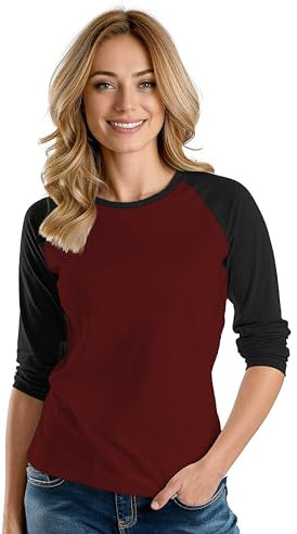 3/4 Sleeve Tops for Women - Casual Fashion Blouse Baseball Style Tees Three Quarter Raglan Shirt Women, Maroon & Black Women Raglan, XL